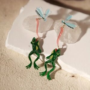 Green Frog and Blue Dragonfly Earrings